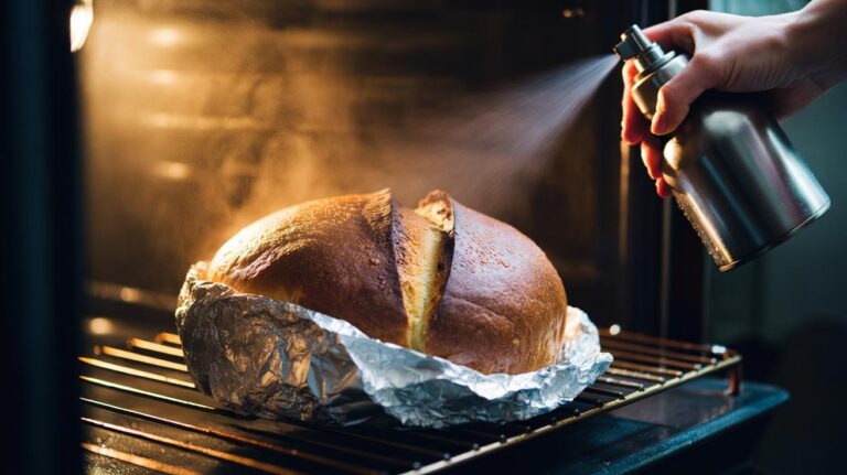 Illustration of stale bread lightly moistened, wrapped in aluminium foil, and reheated in an oven to restore freshness in 10 minutes