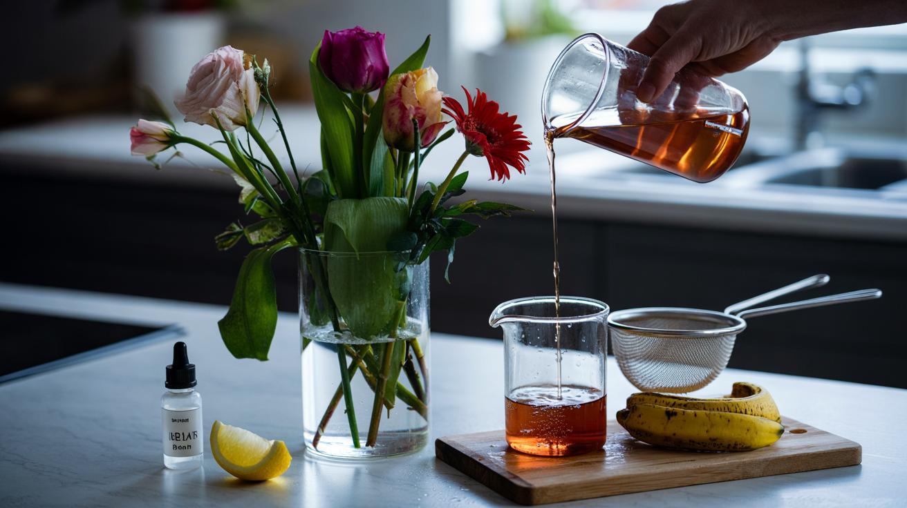Illustration of wilted cut flowers in a vase being conditioned with a strained banana peel infusion, with lemon and a small bleach bottle nearby