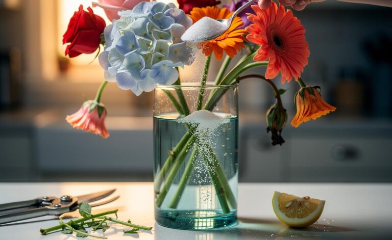 Illustration of a spoonful of sugar being mixed into a vase of water to revive wilted cut flowers in minutes
