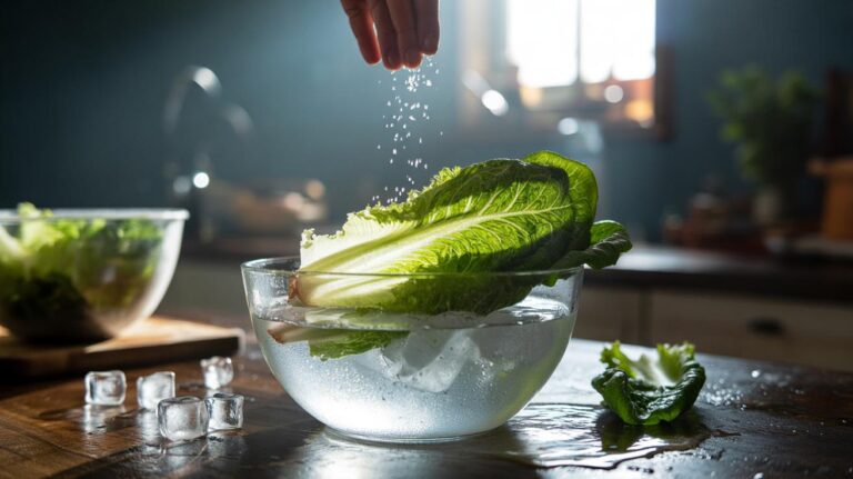 Illustration of wilted lettuce leaves submerged in a lightly salted ice-water bath, reviving through osmosis in 10 minutes