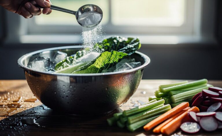 Illustration of a 30-second baking soda soak in cold water restoring crispness to wilted leafy greens and other vegetables