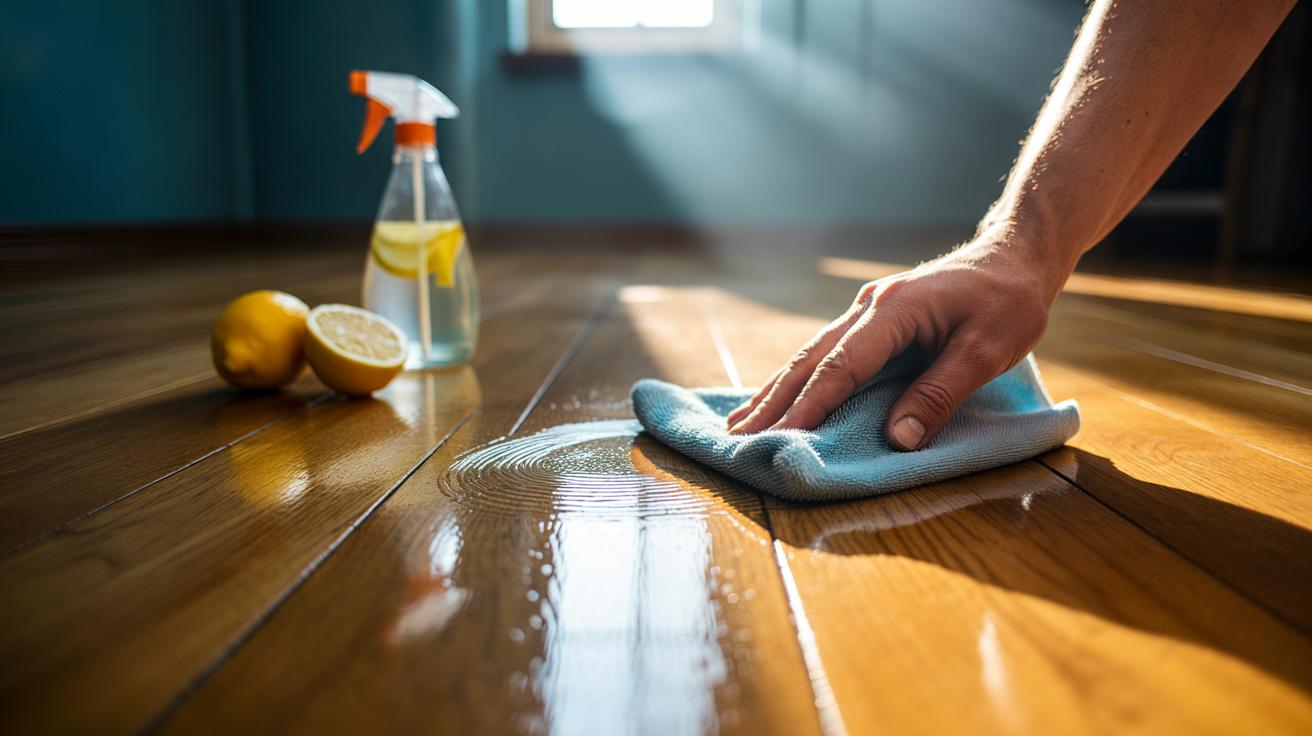 Illustration of lemon-based cleaning and polishing of wood floors to remove marks and restore shine in minutes