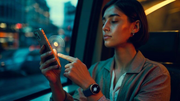 Illustration of a smartphone user pressing one button in a stress-relief app to begin a 60–120 second guided breathing session