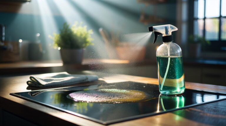 Illustration of a plant-based degreasing spray dissolving grease on a stainless-steel hob without harsh chemicals