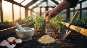 Illustration of finely ground eggshells being mixed into garden soil to enrich calcium and support faster, healthier seedling growth