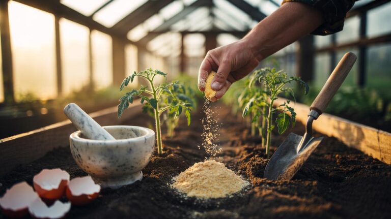 Illustration of finely ground eggshells being mixed into garden soil to enrich calcium and support faster, healthier seedling growth