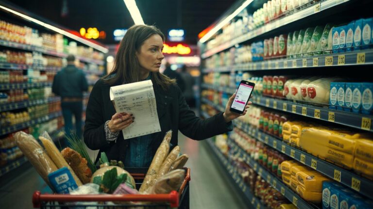 Illustration of [a shopper using a list, comparing unit prices, and scanning loyalty apps in a UK supermarket to save on groceries]