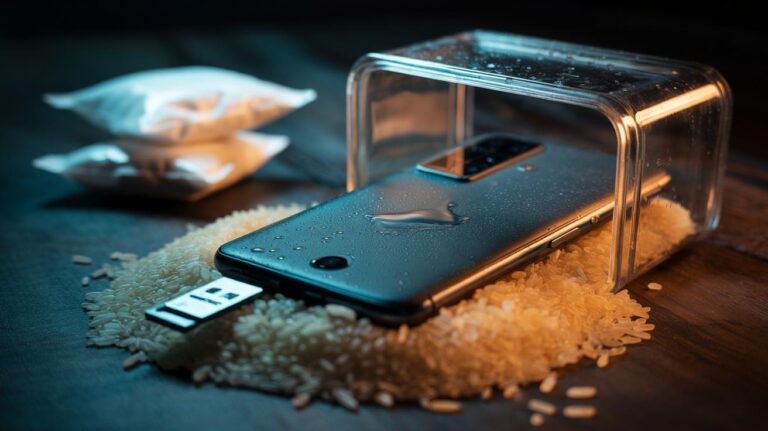 Illustration of a wet smartphone partially buried in dry rice to absorb moisture