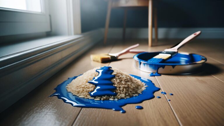 Illustration of uncooked rice absorbing fresh paint drips on a hard surface.