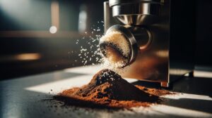 Illustration of dry rice being ground in a coffee grinder to dislodge stuck coffee grounds and oils in 30 seconds.