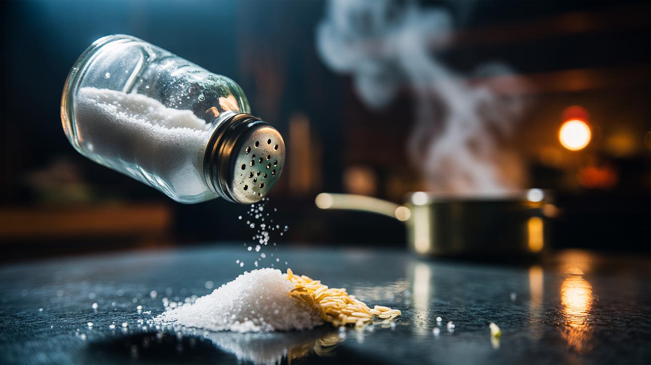 Illustration of rice grains mixed into table salt in a shaker to prevent clumping by adsorbing moisture