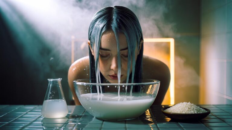 Illustration of rice water used as a final rinse to seal hair cuticles with starch for mirror-like shine