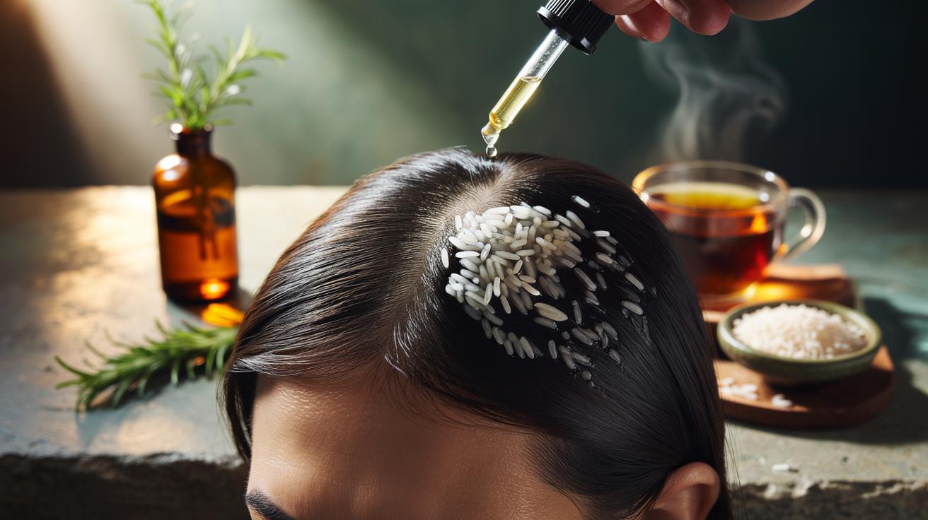 Illustration of rice water and rosemary being applied to the scalp to support hair growth