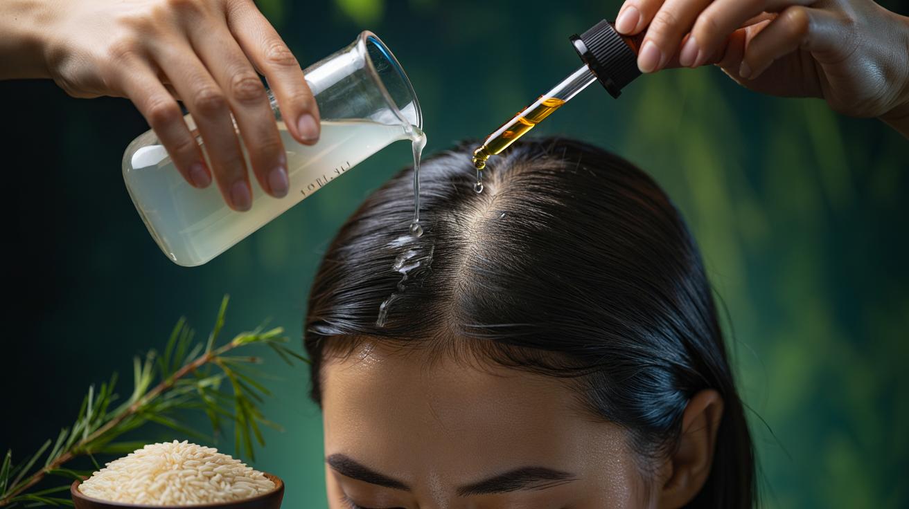 Illustration of rice water rinse and diluted tea tree oil applied to the scalp to clear clogged follicles and calm scalp acne