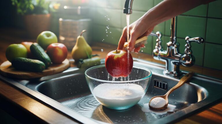 Illustration of rinsing firm-skinned fruits with a baking soda solution to remove surface pesticide residues