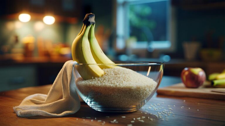 Illustration of bananas buried in dry rice to accelerate ripening overnight