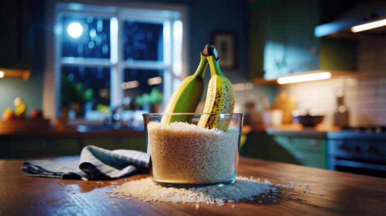 Illustration of bananas buried in uncooked rice to ripen overnight