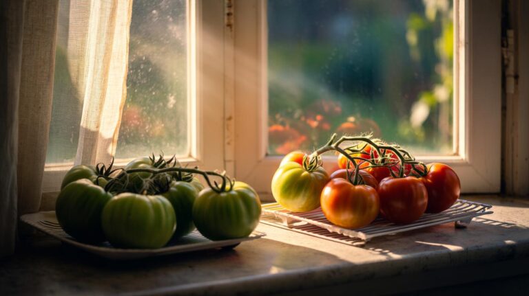 Illustration of green tomatoes ripening on a windowsill, showing how position magnifies ripening speed