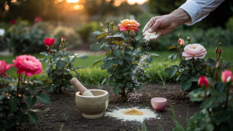 Illustration of a gardener applying finely ground eggshell powder around rose bushes to strengthen stems and promote blooms.