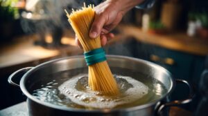 Illustration of a bundle of spaghetti secured with a food-safe silicone band being twisted and lowered into a boiling pot to prevent foam overflow and portion the pasta