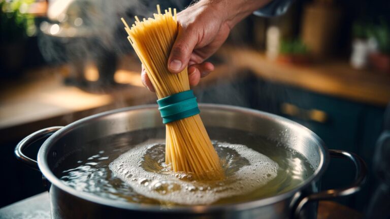 Illustration of a bundle of spaghetti secured with a food-safe silicone band being twisted and lowered into a boiling pot to prevent foam overflow and portion the pasta