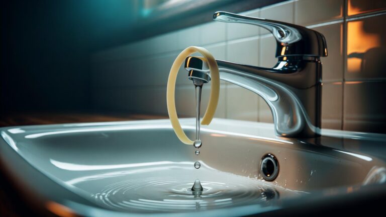 Illustration of a rubber band wrapped around a bathroom tap to channel drips into the sink
