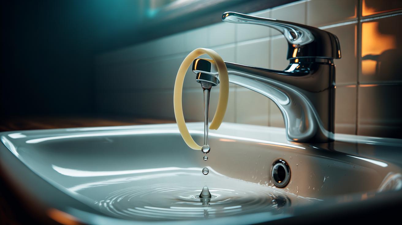Illustration of a rubber band wrapped around a bathroom tap to channel drips into the sink