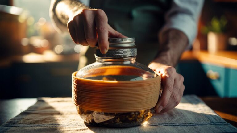 Illustration of a hand using a rubber band around a metal lid to twist open a stuck glass jar