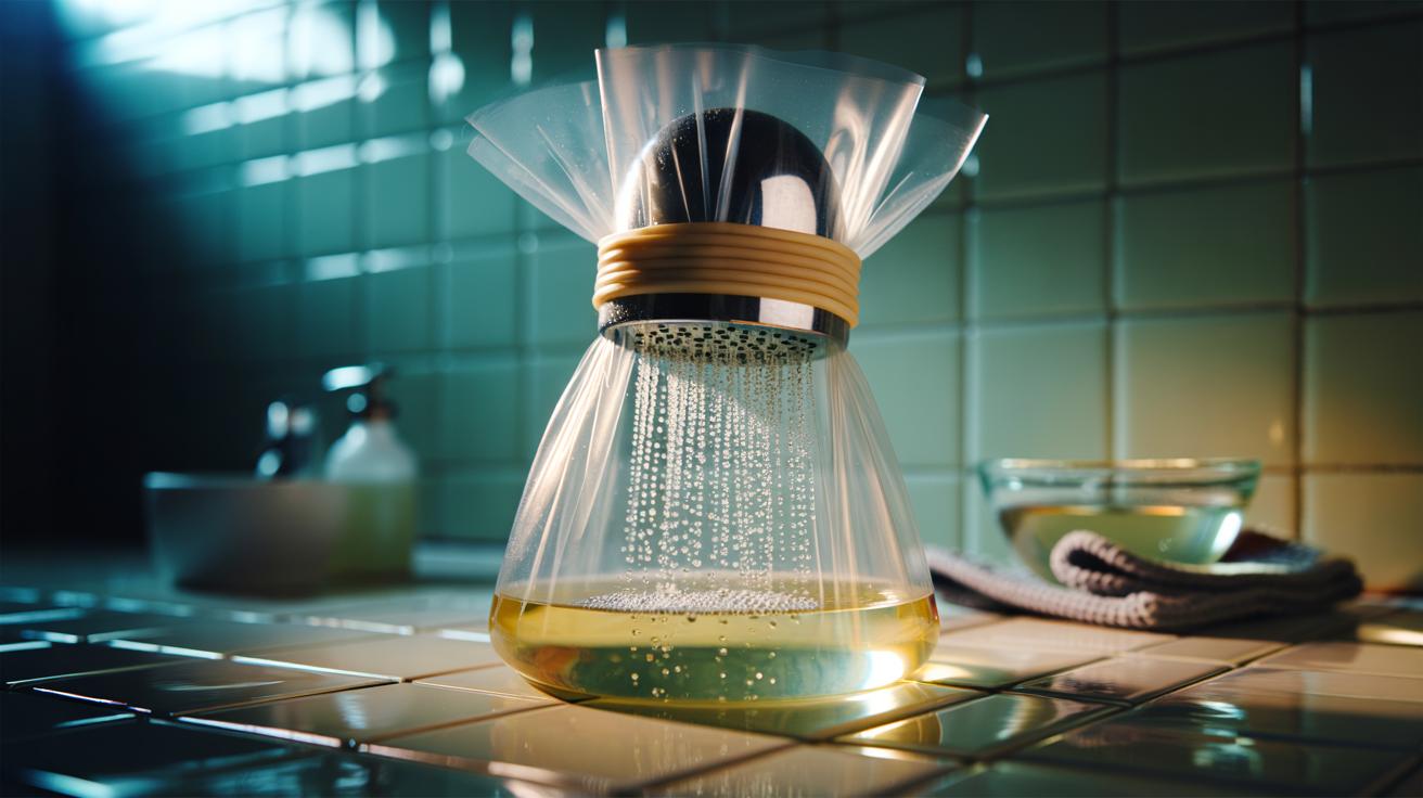 Illustration of a shower head with a vinegar-filled plastic bag secured by a rubber band to dissolve limescale