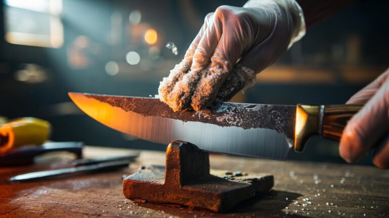 Illustration of a rusty steel blade being rubbed with coarse salt and lemon juice to remove corrosion and quickly polish the edge