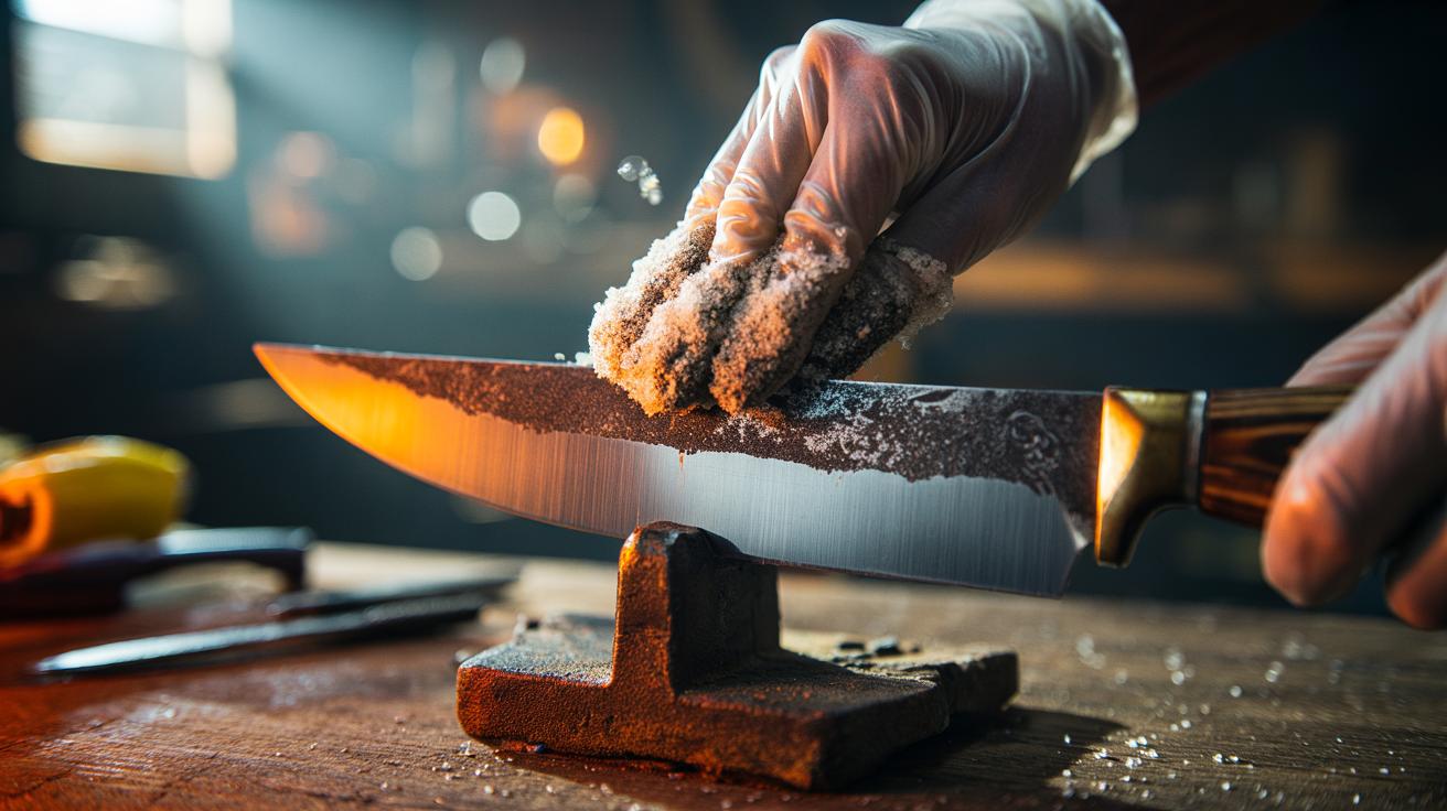 Illustration of a rusty steel blade being rubbed with coarse salt and lemon juice to remove corrosion and quickly polish the edge