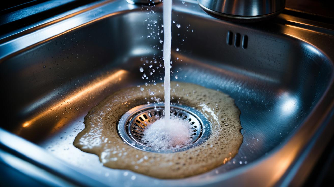 Illustration of salt granules poured into a clogged kitchen sink drain to scour greasy buildup with a three-minute hot water flush