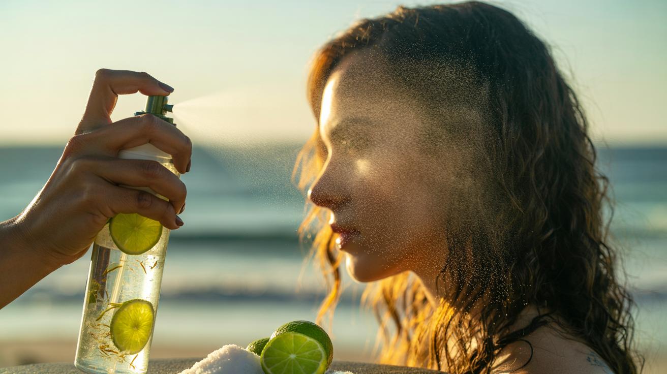 Illustration of a salt + lime hair spray being applied to create beach waves that hold for three days.