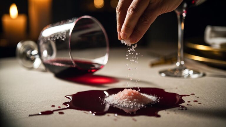 Illustration of salt poured over a fresh red wine spill on fabric to absorb and lift the stain before it sets