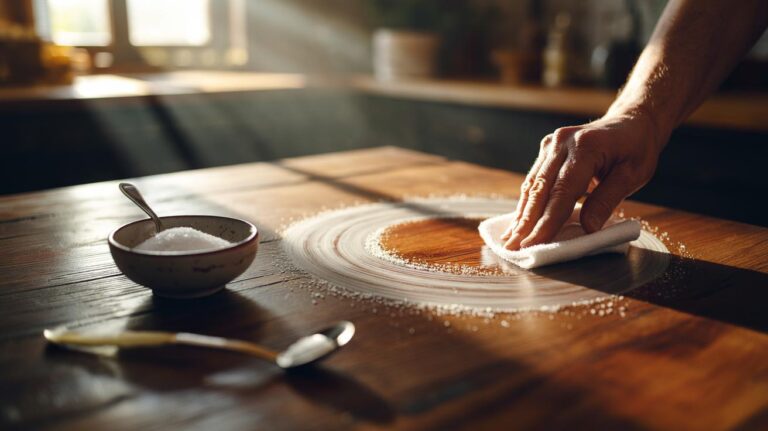Illustration of a hand applying a salt solution to a white heat ring on a wooden table with a soft cloth