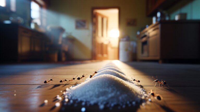 Illustration of a continuous line of table salt across a doorway threshold stopping a trail of ants without toxins