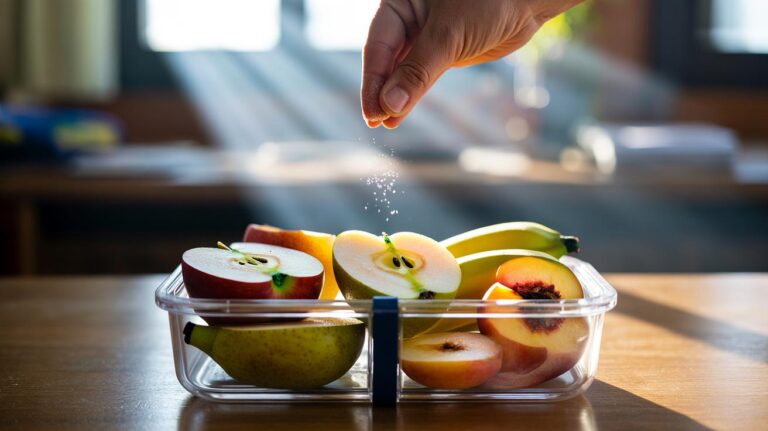 Illustration of cut fruit slices lightly coated with salt and packed in a lunchbox to keep them from browning.