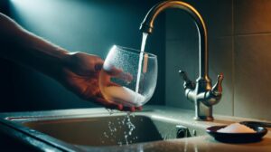 Illustration of salt being used to scrub a foggy wine glass, followed by a quick rinse that restores crystal clarity