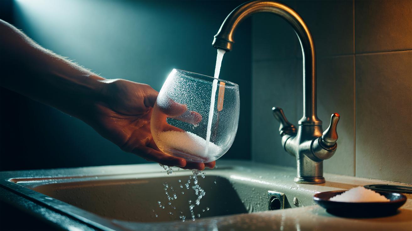 Illustration of salt being used to scrub a foggy wine glass, followed by a quick rinse that restores crystal clarity