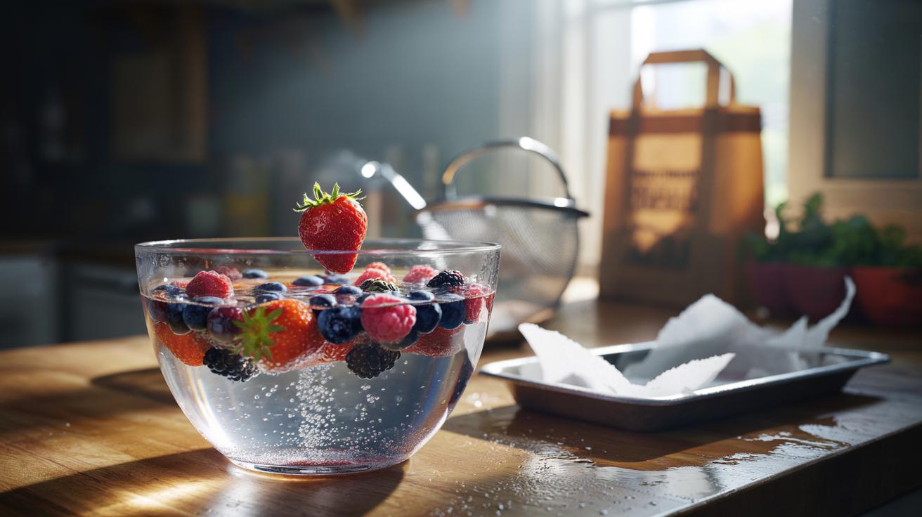 Illustration of fresh berries being soaked in a 1% saline solution to extend freshness after a market trip