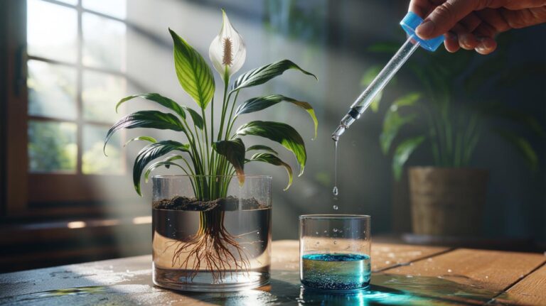 Illustration of an ultra-dilute saltwater mix reviving a wilted houseplant by rapidly reinvigorating roots with sodium ions