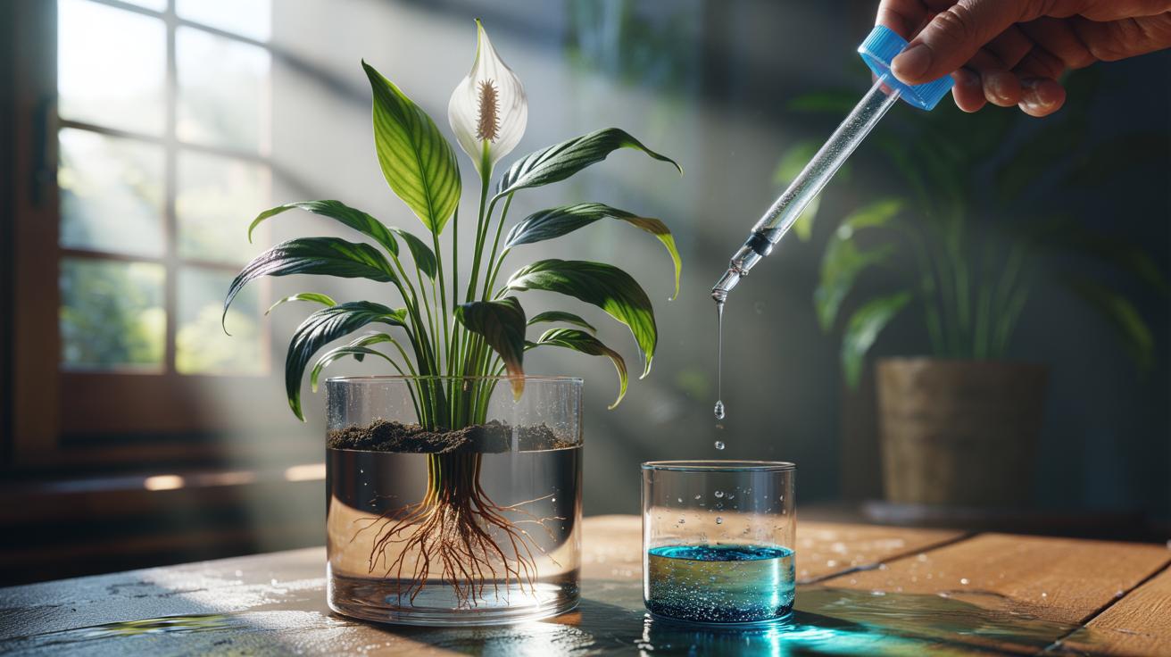 Illustration of an ultra-dilute saltwater mix reviving a wilted houseplant by rapidly reinvigorating roots with sodium ions