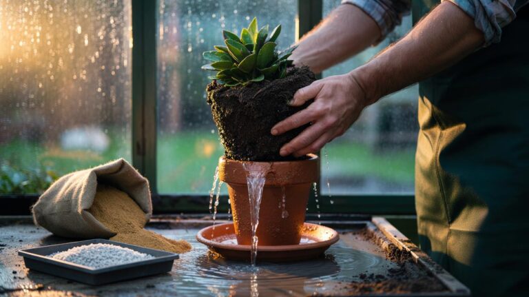 Illustration of using sharp sand and horticultural grit to rescue a waterlogged potted plant by improving soil drainage