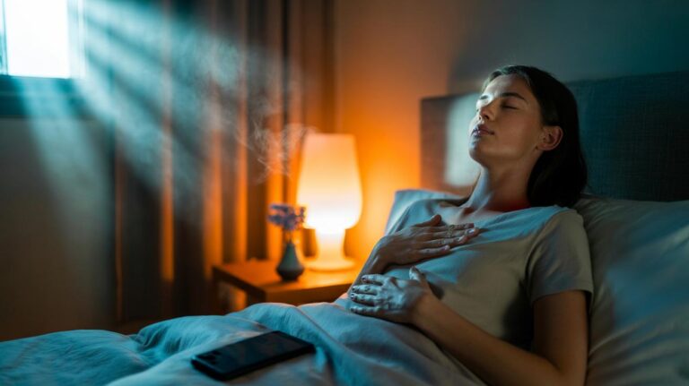 Illustration of a person practicing a one-minute nightly breathing ritual in a dimly lit bedroom, with one hand on the chest and one on the belly, a lavender diffuser, and a phone on flight mode