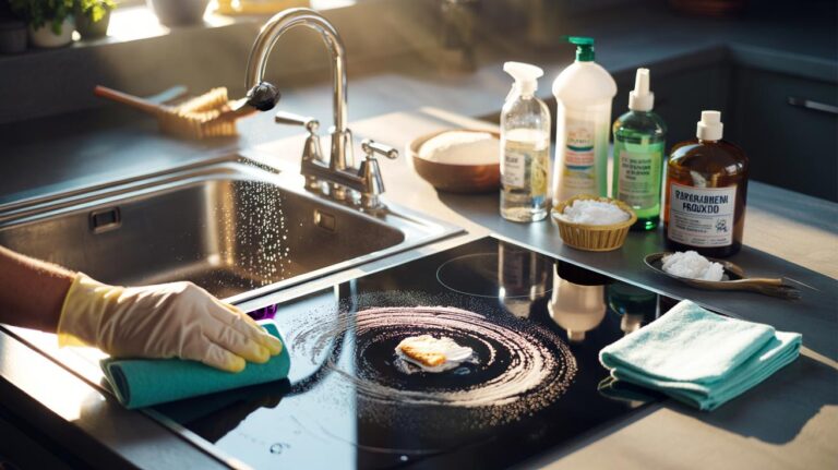 Illustration of the 5-4-3 kitchen cleaning method in action, using baking soda, white vinegar, washing-up liquid, hydrogen peroxide, and coarse salt with microfibre cloths, a soft-bristle brush, a spray bottle, and a plastic scraper to remove stubborn stains from a modern hob, sink, and splashback
