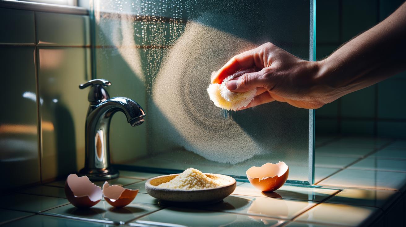 Illustration of using finely ground eggshell calcium paste to gently buff hard-water stains from a shower glass panel and a chrome tap