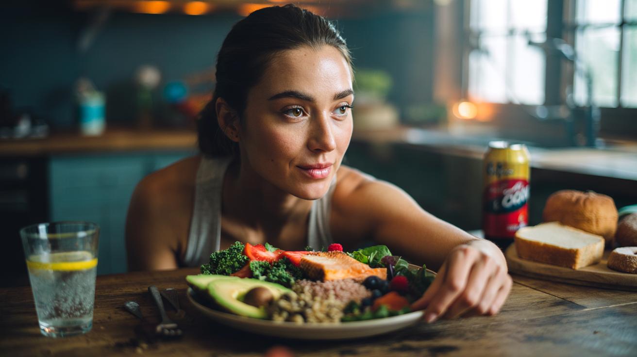 Illustration of a balanced low-glycaemic meal plate—vegetables, whole grains, lean protein, and water—promoting clearer skin