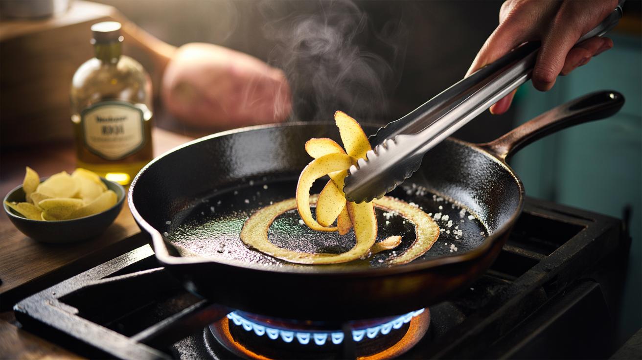 Illustration of seasoning a cast-iron skillet with potato peels to enhance non-stick properties without chemicals