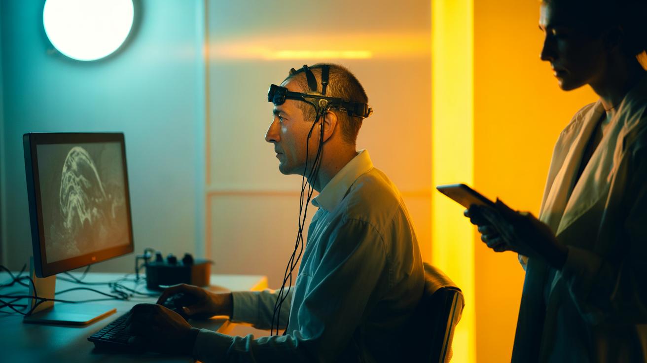 Illustration of a scientist implementing a data-led, non-invasive brain stimulation (tACS) and cognitive training protocol to improve adult brain function