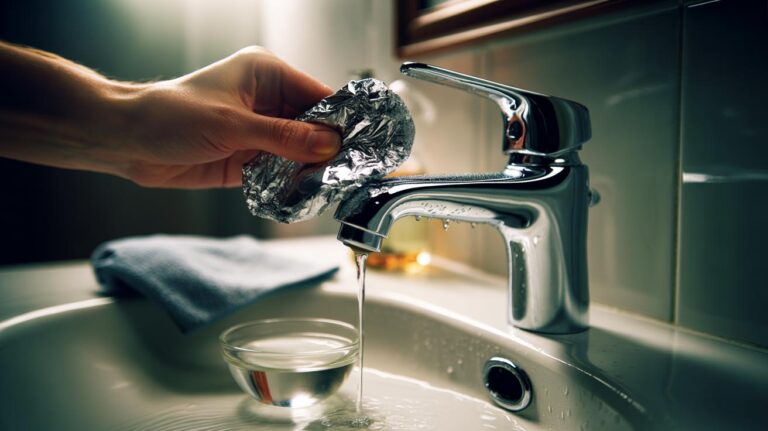 Illustration of a hand using damp aluminium foil to polish a chrome tap to a mirror finish